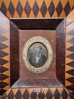 Rare Wood Inlay Ogee Frame With Daguerreotype Of Gentleman Sold As Is Cond