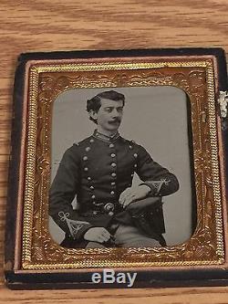 Ruby Ambrotype Photo of Union Civil War Officer 2pc Eagle Buckle Sixth Plate