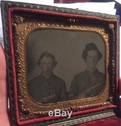 Sixth plate size Ruby Ambrotype 2 Civil War soldiers armed with pistols