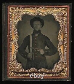 Superb Ambrotype 2x Armed Confederate Civil War Soldier Bowie Knife & Tinted Gun