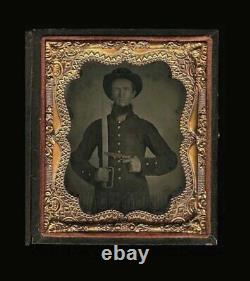 Superb Ambrotype Photo Armed Confederate Civil War Soldier Bowie Knife & Gun