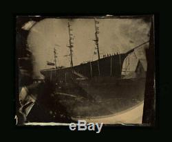 Surreal Antique Half Plate+ Tintype Photo Tall Ship Sailors on Deck Civil War