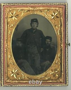 Three Union Soldiers 1860 Civil War 1/4 Plate Military Flag Tintype Kepi Frock