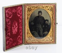 Three Union Soldiers 1860 Civil War 1/4 Plate Military Flag Tintype Kepi Frock