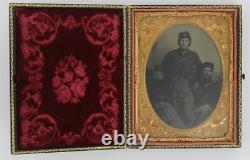 Three Union Soldiers 1860 Civil War 1/4 Plate Military Flag Tintype Kepi Frock