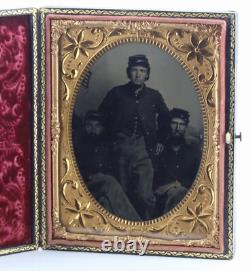 Three Union Soldiers 1860 Civil War 1/4 Plate Military Flag Tintype Kepi Frock