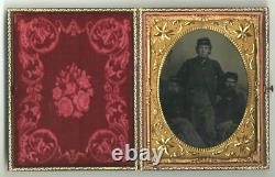 Three Union Soldiers 1860 Civil War 1/4 Plate Military Flag Tintype Kepi Frock