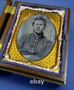 Tintype Of Civil War Soldier In Uniform In Brown Embossed Full Thermoplastic