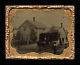 Tintype Photo 1860s Civil War Era Busy Outdoor House Scene Girl With Doll Horses