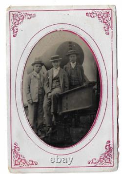 Tintype Photograph Quarter Plate Three Boys Posing with Civil War Rodman Cannon