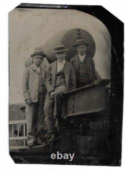 Tintype Photograph Quarter Plate Three Boys Posing with Civil War Rodman Cannon