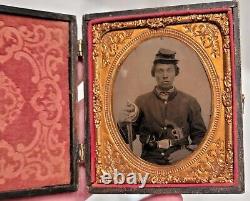 Triple weapon Civil War Union Cavalry tintype with gauntlets and redone case