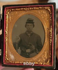 Triple weapon Civil War Union Cavalry tintype with gauntlets and redone case