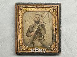 US Civil War Orig CONFEDERATE Ambrotype Photo ARMED x3 PISTOL, RIFLE, BOWIE Knife