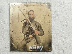 US Civil War Orig CONFEDERATE Ambrotype Photo ARMED x3 PISTOL, RIFLE, BOWIE Knife