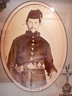 Union Army Civil War soldier, large framed photo, uniform, pistol, gun, belt #1