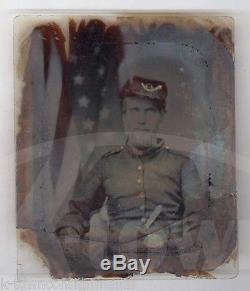 Union Cavalry CIVIL War Soldier In Uniform By American Flag Ambrotype Photograph