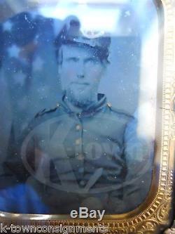 Union Cavalry CIVIL War Soldier In Uniform By American Flag Ambrotype Photograph