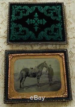 Union Cavalry Soldier And Horse Ambrotype On Glass Gilted Civil War Leather Case