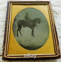 Union Civil War Cavalry Soldier Horse Mounted Sword Tintype Image Leather Case