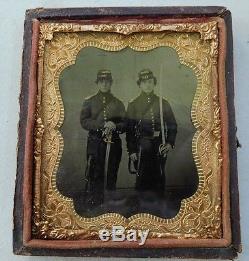 Union Civil War Cavalry Troopers Tintype Leather Cased Image Gilted Swords