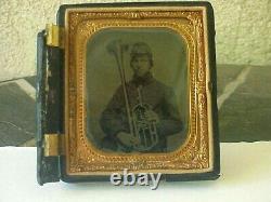 Union Identified Tintype Civil War Musician Photo, Soldier with Saxhorn, 10th Reg