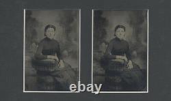 VERY RARE TINTYPE STEREOVIEW CIVIL WAR ERA PORTRAIT OF WOMAN With TINTED CHEEKS