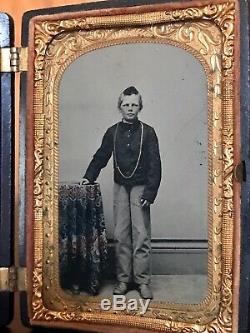 Very Rare CDV 1/8 Plate Union Case & Tinted Tintype Of Boy In CIVIL War Jacket