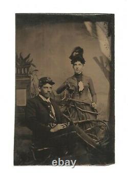 Vintage Antique Civil War Tintype Photo Union Army Uniform Soldier & Pretty Lady