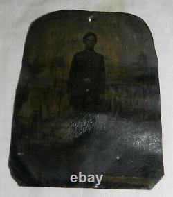 Vintage Tintype photo of Civil War Union Soldier with painted encampment backdrop