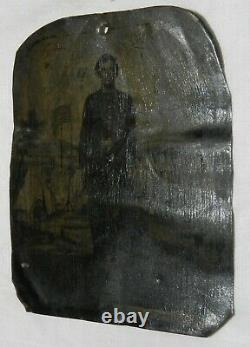 Vintage Tintype photo of Civil War Union Soldier with painted encampment backdrop