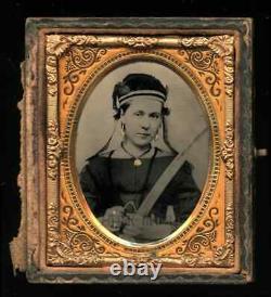 Woman Holding Sword & Feather Cap! Vivandiere or Mourning for Civil War Soldier