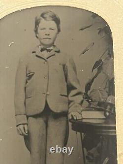 X RARE 1800s CIVIL WAR ERA TINTYPE of DECEASED BOY PROPED UP STANDING with BRACE